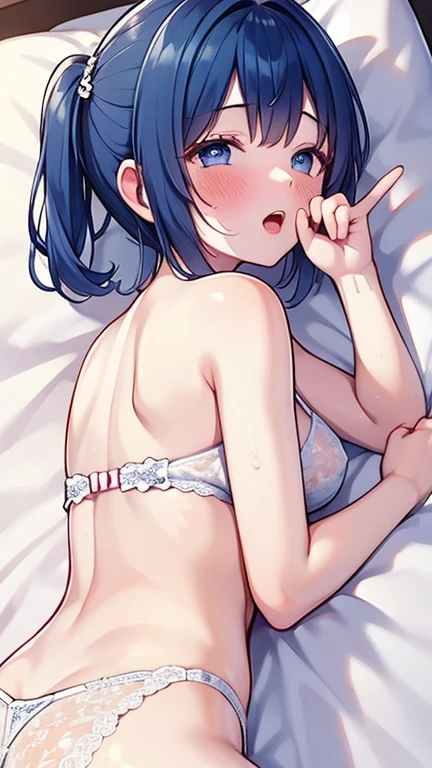 Highest quality, Very detailed, ,((blush)),((((Backwards)))),Pink short bob、On a canopied bed、Sleeping on your stomach、dizzy、White liquid on the butt、Staring longingly at my lower body，White liquid on the back，Shaking knees、Getting drunk and being bold，One-handed blowjob gesture，Spread your knees，Lying down，Condom in front