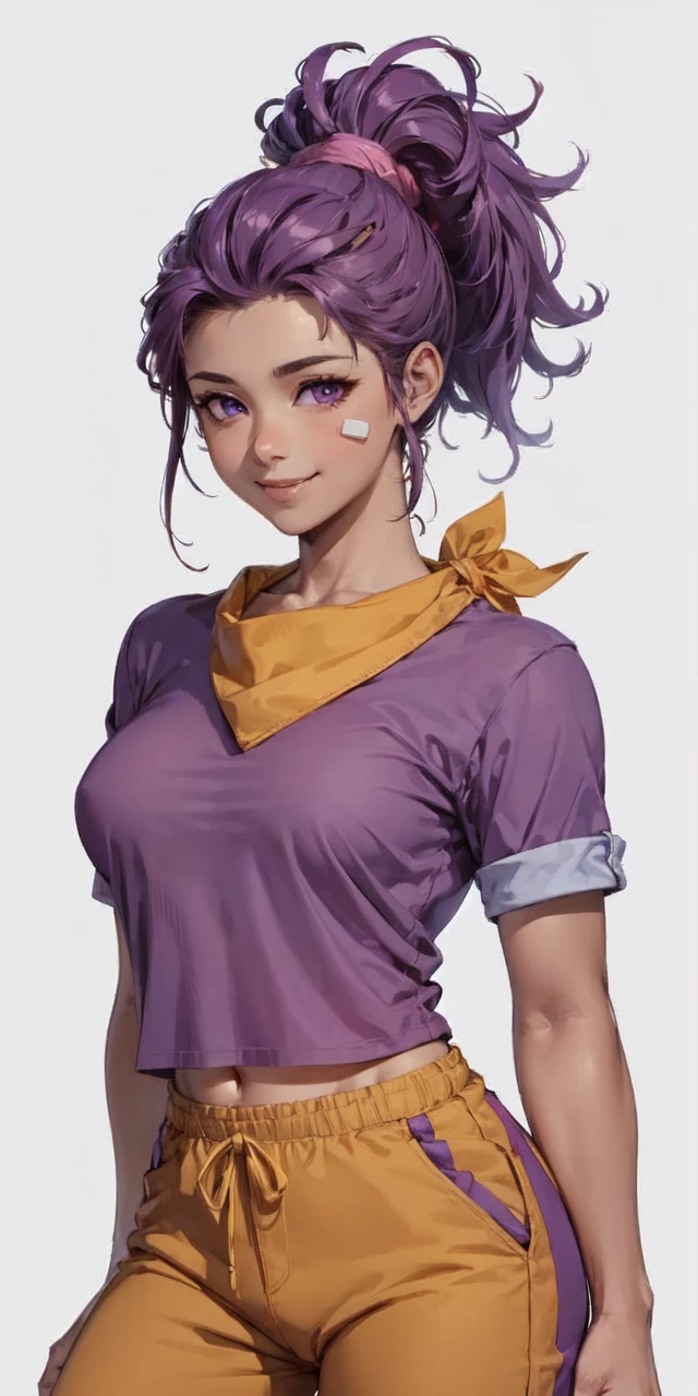 /shelly/, anime, 1girl, large breasts, tanned skin, smile, purple hair, big ponytail, purple eyes, bandaid on cheek, pink t-shirt, pants, yellow bandana, looking at viewer, standing, white background