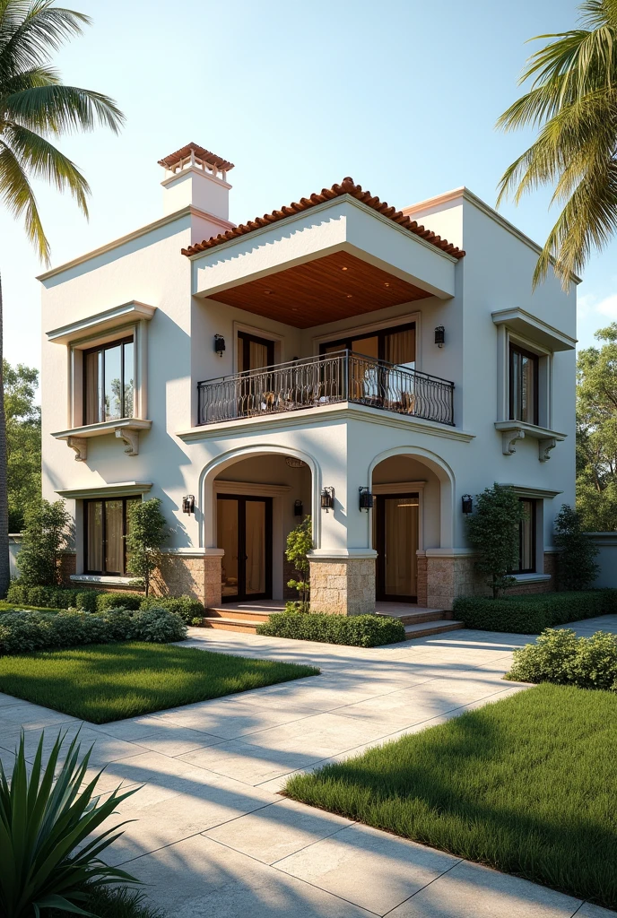 Draw a complete picture of a modern house design inspired in a very little bit of Spanish architecture using 3d perspective in drafting 
