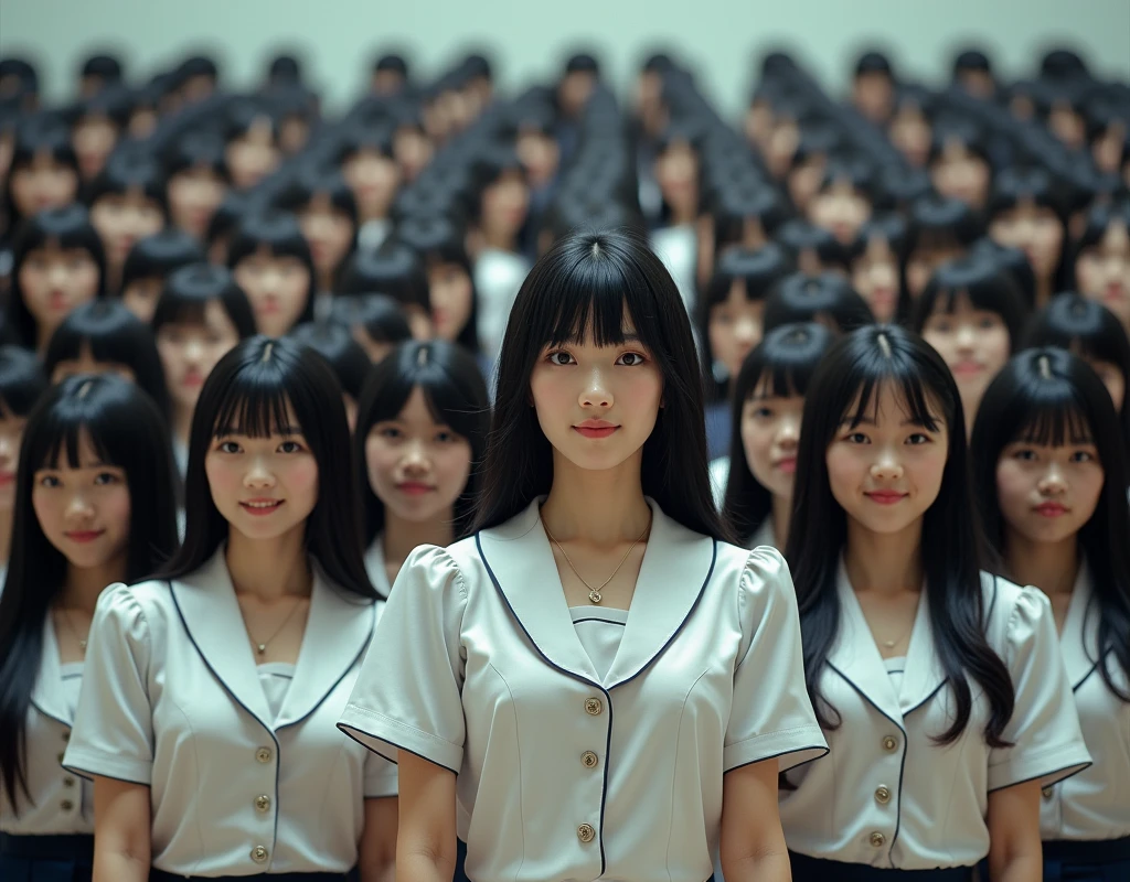 (Japanese Clone-girls=Myself), (Super Best masterpiece Clone-girls Raw Photography Art), (16K, Highest quality, Ultra-high resolution, RAW Photos), (It's so unrealistic., With unparalleled depiction, With an unfathomable sight, An unprecedented and shocking worldview, Clone-girls: In a world of mass reproduction, Ultra-realistic), (Japanese Girls, Yokoyama-Yui, yo, Small face, Thick black hair, long hair, Dark Eyes, Mature face, Cute Smile, Smiling face, A gentle gaze, Very pleasant look), (Very beautiful detailed girls, Accurate body structure, Accurate body movements, Very detailed body, (Super big breasts, Large bulge of ample breasts)), ((Schoolgirl uniform, Short sleeve, mini skirt, Emphasise the fullness of your breasts)), (Very detailed, Myself cloning, Depiction of splitting oneself, 1Myself girl→1,000,000,000,000,000,000,000,000,000,000Myself cloning girls), (Myself clone girlsは, With the same perfect appearance without any difference, to multiply in large numbers), (Very detailed depiction, Myself's multiplying female body, In the same female body,With the same face, With the same hairstyle, In the same clothes, At the same height, 同じSuper big breastsで, A completely indistinguishable female body, 1,000,000,000,000,000,000,000,000,000,000 people), (Myself girls only), (Academy, academic level, Commemorative photo depiction, Tiered stage photography, Happy smile, Front view)