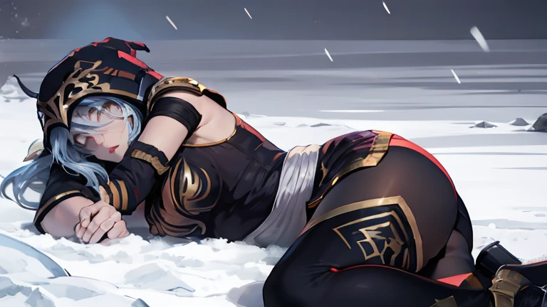 league of legends Ashe, warrior, wearing tights, her nipples shwon, camel toe, very detailed face and pretty face,heroine, breast, getting touced by enemy, lies down, legs open pose, (masterpiece, best quality), beautiful girl, badly defeated by opponents, embarrassed emotion, snow storm, legs wide open,abstract background, bright colors,  breasts, (solo), sexy face