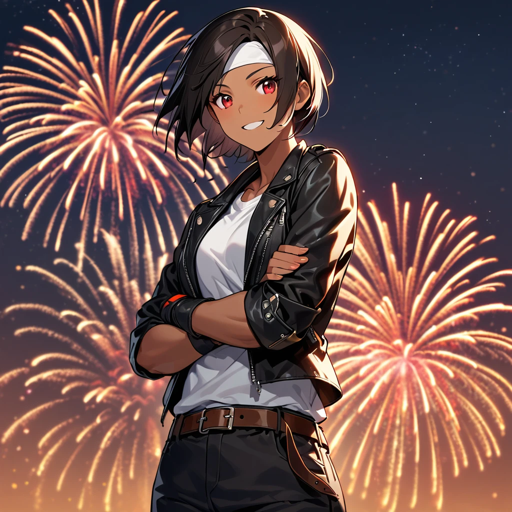 One person,Female,(night sky full of fireworks),fireworks background,short hair,black hair,best lighting,dark skin,red eyes,((black leather jacket with rolled up arms)),fingerless gloves,white T-shirt,((white headband)),black long pants,white shoes,brown belt,cute,fine background,charm points Japanese countryside,slightly bigger chest,outdoors,high quality,night,(confident smile),fun atmosphere