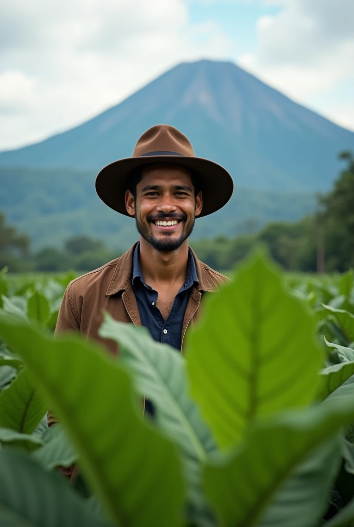 Anak muda umur 30 tahun, laki-laki, half body visible, Cool, wearing a brown hat, Mount Merbabu background with lots of tobacco, smile, original