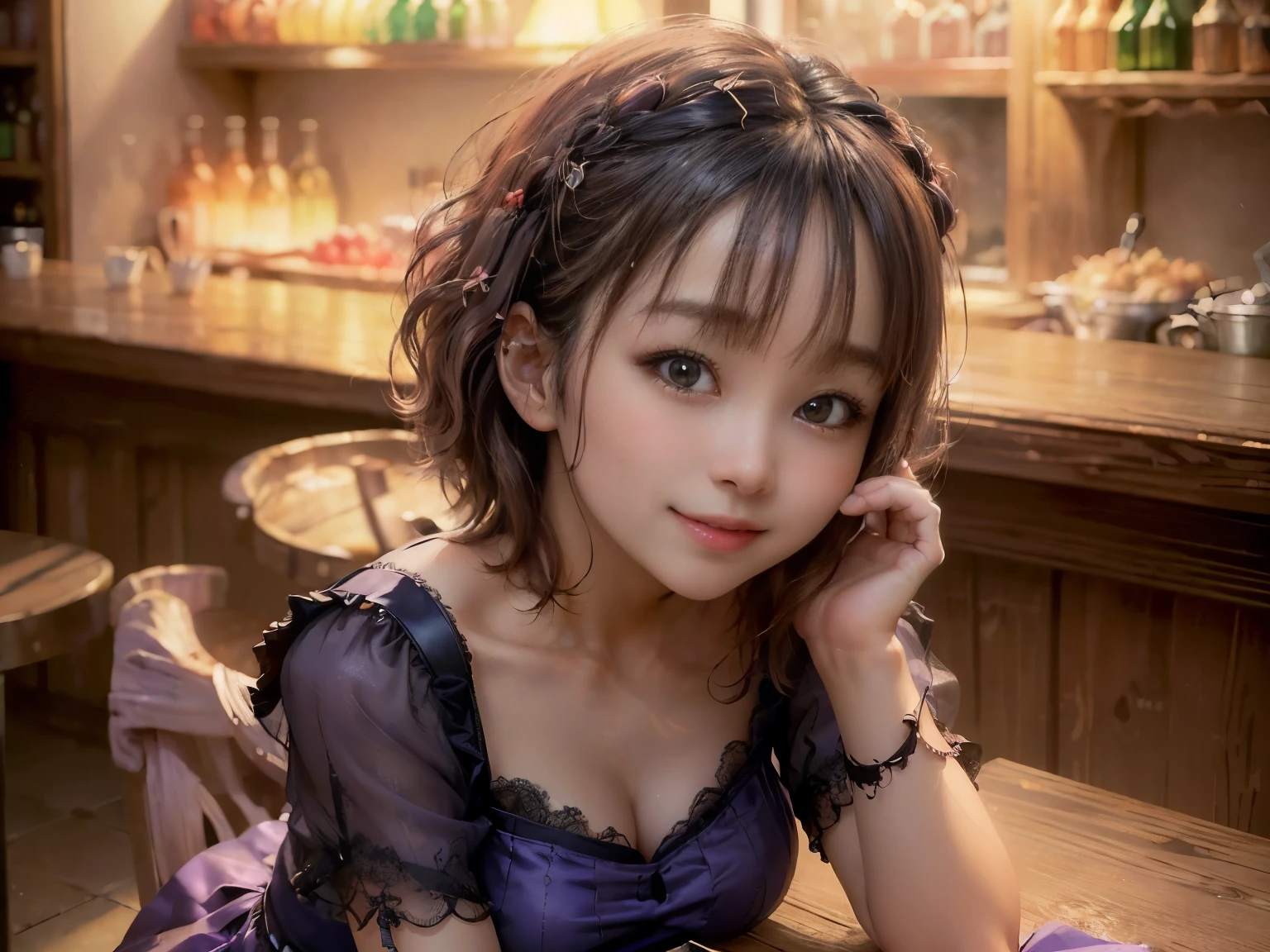 (Highest quality, masterpiece, Ultra-high resolution, 8k, RAW Photos, Realistic, Anatomically correct:1.5), 20-year-old girl:1.2, Embarrassing, avert your eyes, blush:1.0, View Viewer, ((bar)) 、Large windows、Night view、 Light:1.2, Bokeh, Cinema Lighting:1.0, Depth of written boundary, sharp、 Cute Face、Idol、(Black short sleeve lace top)、(Black tulle skirt)、(Purple clothes)、”dwarf”、(Full Body Shot)、(Side angle)、Cowboy Shot、( smile)、((Ultra short hair、Berry Short))、(Straight bangs)、((See-through))、(( One woman))、look back、I can see your belly button、