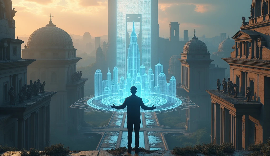 "Design an ultra-realistic, ultra-3D thumbnail where the character is seen from behind, standing on a high ledge overlooking the entire campus. The scene should capture the epic scale of the ruins, with intricate details like broken statues, toppled pillars, and overgrown pathways. In the character’s hands, a glowing, holographic architectural model of a new university is projected, floating above their hands with intricate details and bright, pulsating light. The lighting should be dynamic, with a mix of warm sunlight and cool blue holographic light, casting realistic shadows and reflections across the scene. The text 'RISE FROM THE ASHES' should be in towering, 3D, chrome-like letters, embedded into the architecture, with subtle movement like light pulses traveling along the edges to draw the viewer’s eye."These thumbnail prompts are crafted to create thumbnails that not only catch the eye but also convey a powerful narrative, using cutting-edge 3D effects, ultra-realistic textures, and dynamic lighting to dominate the competition.