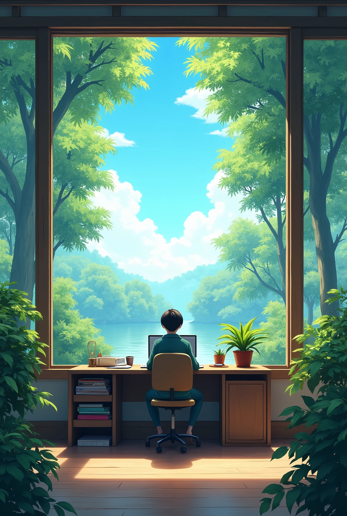 an anime-style working room with a large wooden desk placed near a wide-open window. The view outside reveals a tranquil forest with tall trees and soft rays of sunlight filtering through the leaves. The room is minimally furnished, with just a few books and a potted fern on the desk. The light blue sky outside adds a calming effect, blending harmoniously with the gentle green tones of the forest.