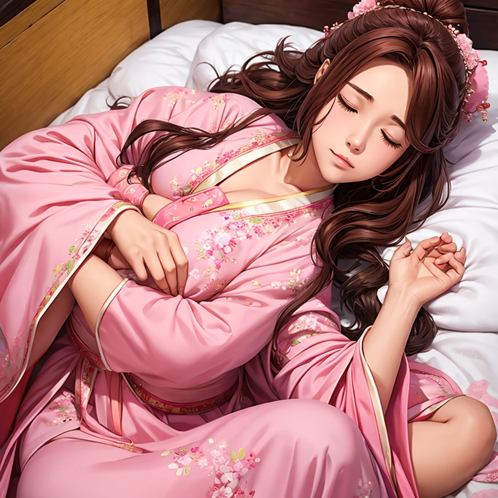 Sleeping girl, 2, Practical, She is wearing a pink long Hanfu, Brown hair.