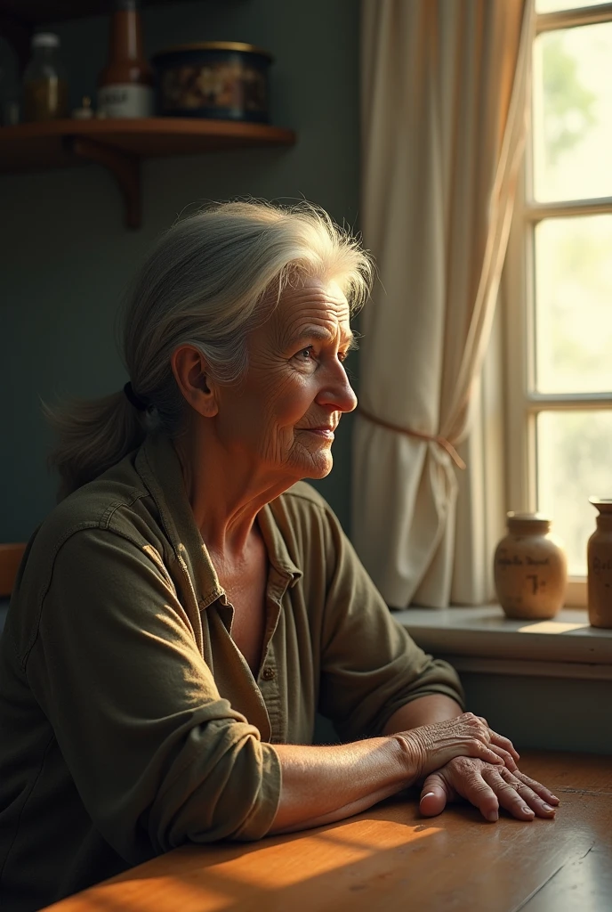A middle-aged woman, in simple clothes, is sitting at the kitchen table of her modest home. She's looking out the window, where the sunlight gently illuminates your face, with an expression of deep reflection. She speaks calmly, transmitting wisdom that comes from life experiences