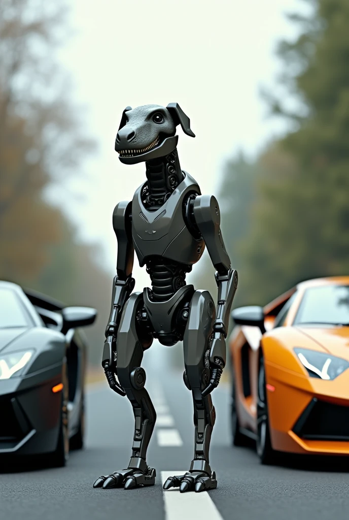A dog standing on the main road between lamborgini in 16.9ratio and his leg is robotic and his face is dinosaur and his body is iron
