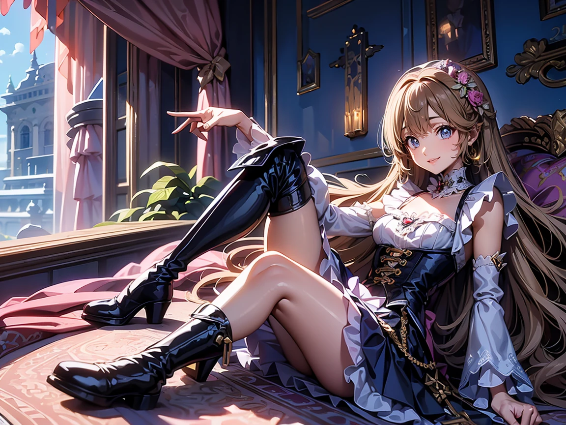 (best quality,4K,high resolution,masterpiece:1.2),Very detailed,Practical:1.37,,(whole body, Legs and boots visible: 1.2),、Thief、thief、10 counts、Criminal woman、Bad Woman、robbery、Raid Store、Anime style、storytelling、、beautiful girl、とてもLovely天使、Pink Gothic Dress、Lovely、baby face、Smile、Long skirt、,Black boots、(クレイジーなSmile:1.3)、(クレイジーなSmile:1.3),クレイジーなSmile, beautiful, Exquisite facial features, Sharp Eyes, Fangs, Mouth wide open, Show your teeth,Sharp teeth like a beast, Wide lips, A very wide mouth, Vermillion Cheeks, ,sit