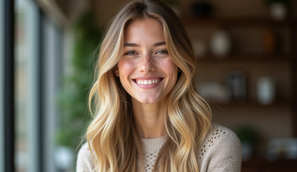 create an influencer,(((hair blonde,Scandinavian,clear eyes,light brown skin,)))dappled,girl next door,Natural Photos, (((spontaneous photo,55 mm lens,)))permissive,in house, Background also sharp,(((smiling))), Further away from the camera ,natural posture, Don't look at the camera, (((The whole body should be visible)))