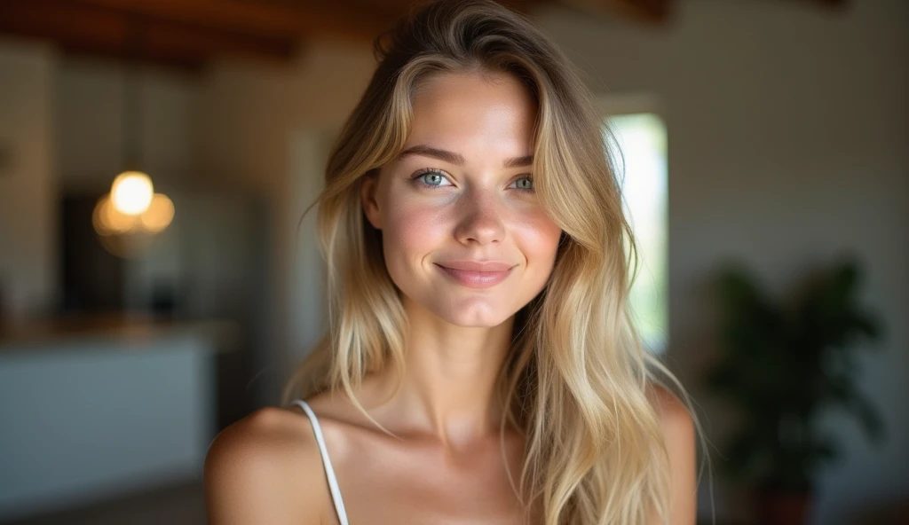 create an influencer,(((hair blonde,Scandinavian,clear eyes,light brown skin,)))dappled,girl next door,Natural Photos, (((spontaneous photo,55 mm lens,)))permissive,in house, Background also sharp,(((smiling))), Further away from the camera ,natural posture, Don't look at the camera, (((The whole body should be visible)))