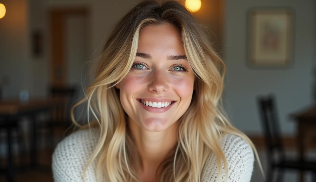 create an influencer,(((hair blonde,Scandinavian,clear eyes,light brown skin,)))dappled,girl next door,Natural Photos, (((spontaneous photo,55 mm lens,)))permissive,in house, Background also sharp,(((smiling))), Further away from the camera ,natural posture, Don't look at the camera, (((The whole body should be visible)))