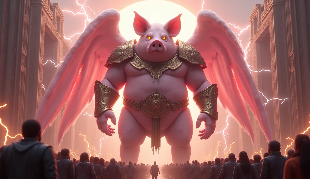 A pig, The color is pink, So big it could swallow a poem, Holy, Seongsu, Stand on two legs, Spreading the angel's wings, human face, Wearing the armor of a medieval emperor,The size of a city , Rich medieval ancient city background, It is 100m in size, god화속세상, high detail, 8k, photorealistic, hyper realistic, god, Electricity surrounds the body, The eyes glow yellow., The crowd is bowing down to him..
