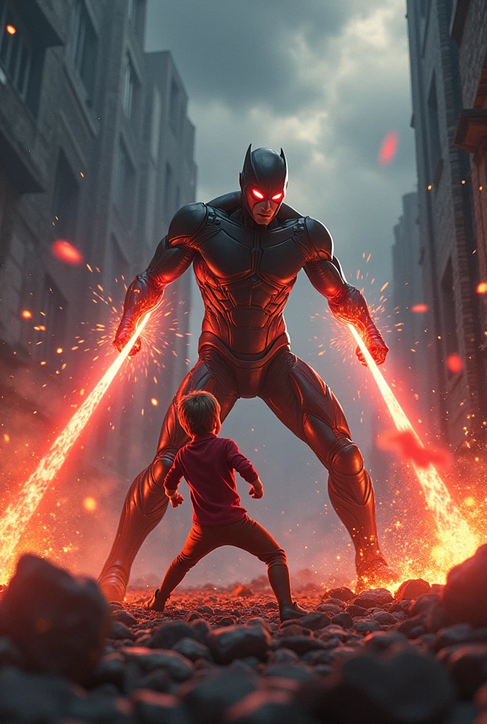(The Young Hero’s Laser Vision
"Create a dynamic scene where the young superhero is using his laser vision to target Darkstrike. His eyes glow with intense energy as twin beams of light shoot out, aimed directly at the villain. Darkstrike, in his dark armor, is seen attempting to deflect the beams with a forcefield, but the impact causes cracks to form in the shield. The background shows the city in ruins, with dark clouds overhead, emphasizing the high stakes of the battle."