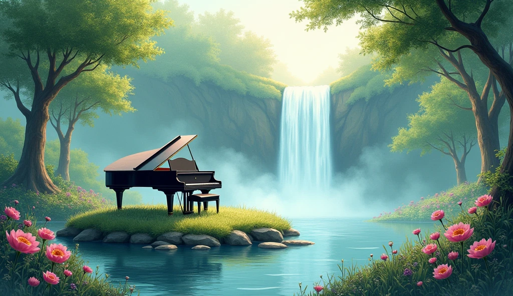 This image is、I draw tranquil natural scenery.。In the center is a grand piano placed on the island.、A waterfall cascades in the background.、Lush tree々It is surrounded by。In the foreground there are colorful flowers、The soft light of early morning or evening envelops the whole.。This scene、It creates a peaceful and magical atmosphere.。Fantastic watercolor style