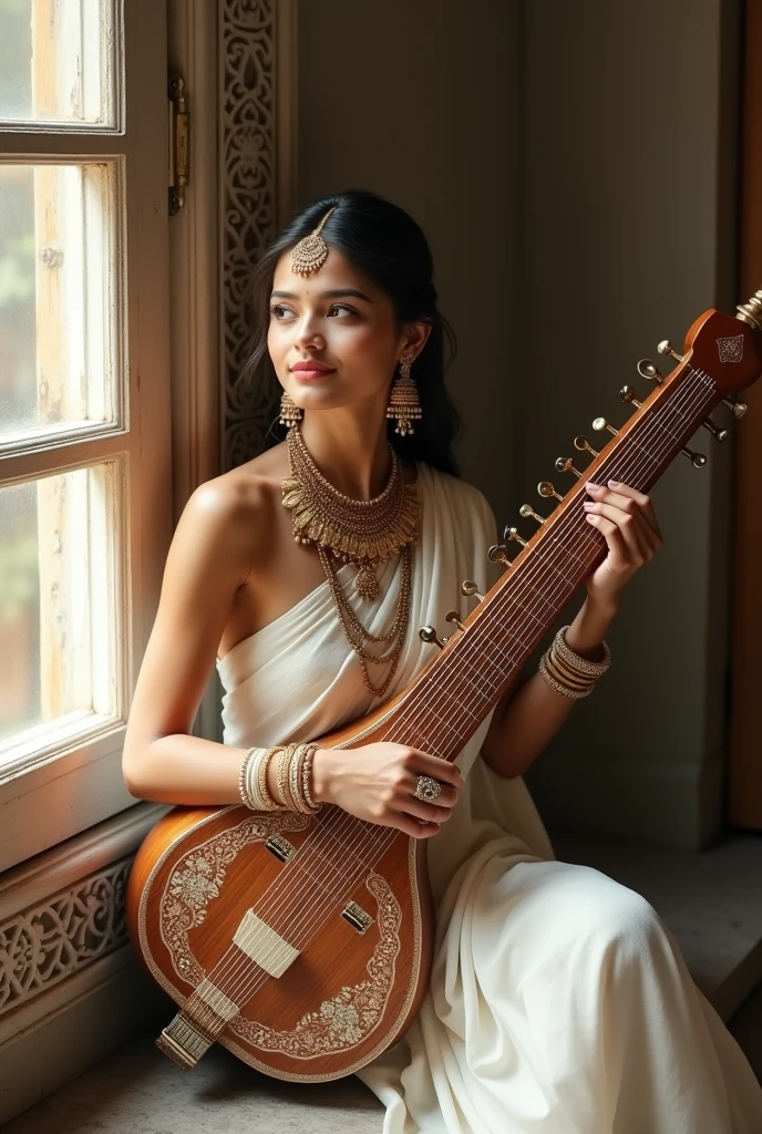 (photorealism:1.2), beautiful and fair woman  holding a guitar like instrument called Bina and wearing white sari and an lot of jwellery  sitting by the window 