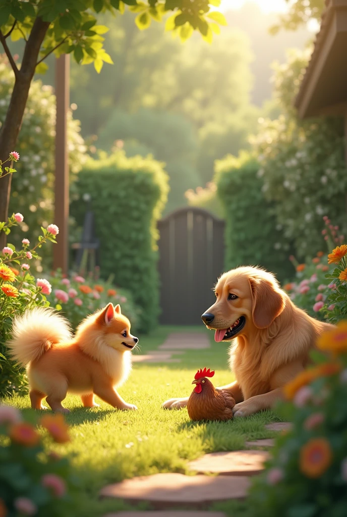 make an image of a residential garden with a honey-colored POMERANIAN dog; a GOLDEN RETRIEVER dog with honey-colored fur lying down; and a small brown rooster of the garnizé breed