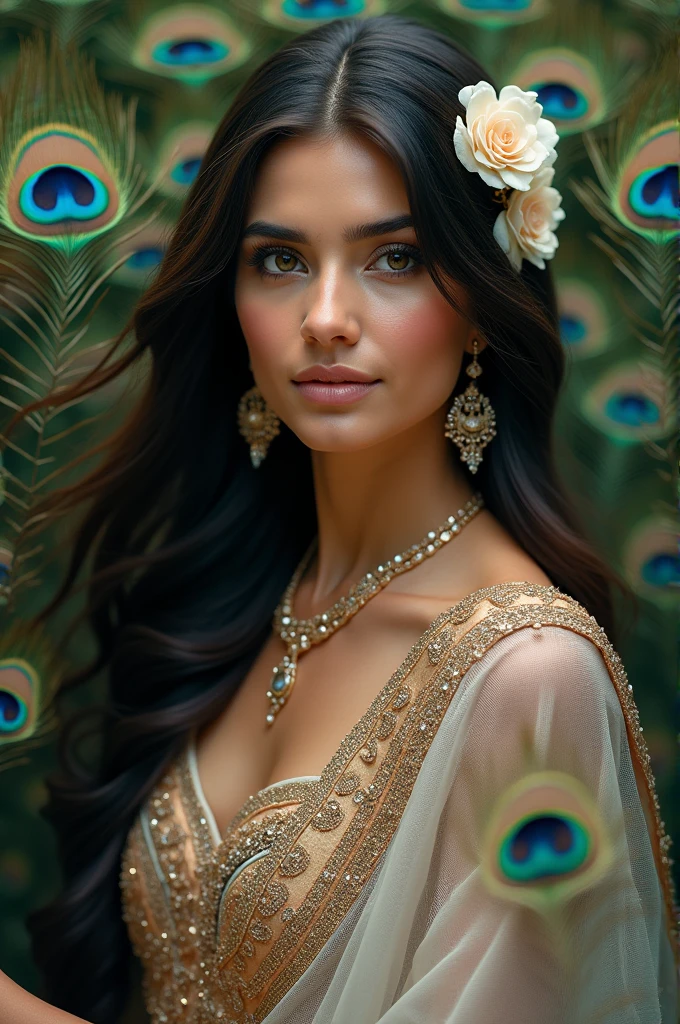 "A beautiful woman with long, dark hair adorned with flowers and jewelry. She is wearing a traditional Indian outfit and has a gentle smile on her face. She is surrounded by peacock feathers and has a serene expression."