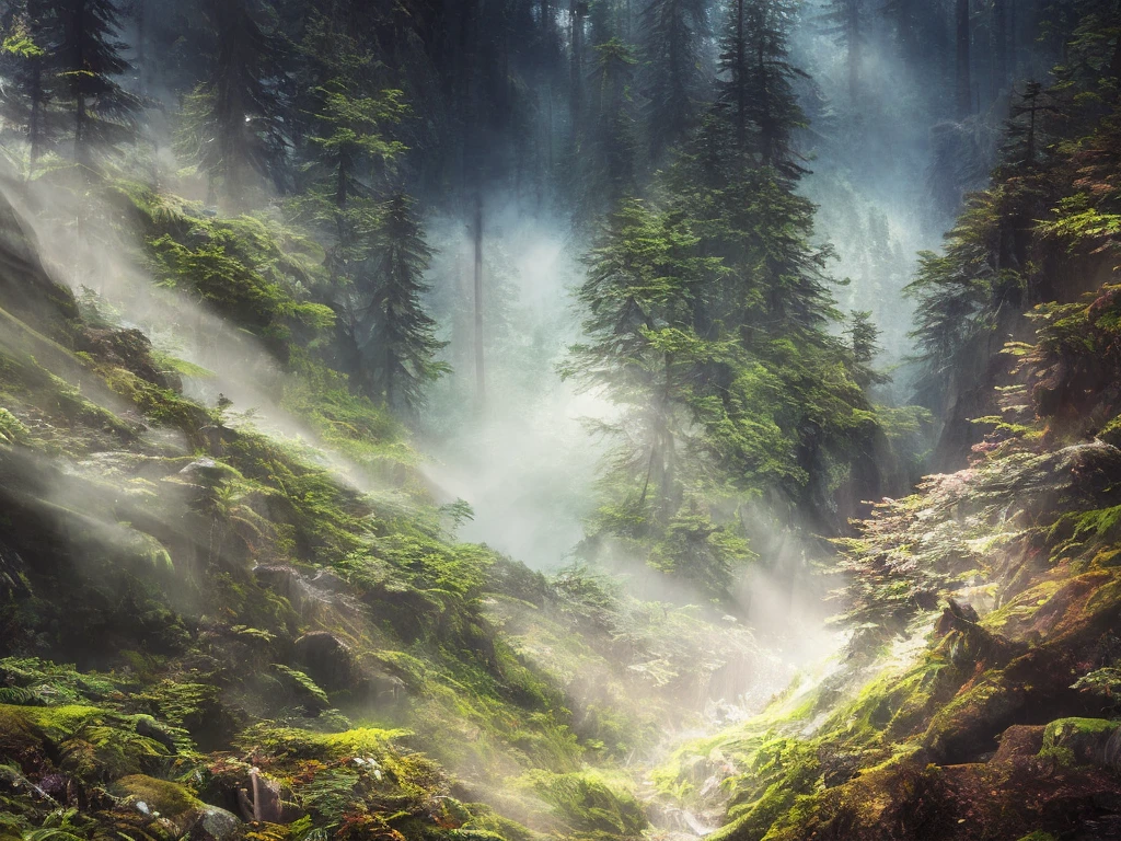 An evergreen mountain forest, dark fairytale atmosphere, soft light, high chaos, intricate work by Johan Grenier style, Alyssa Monks style