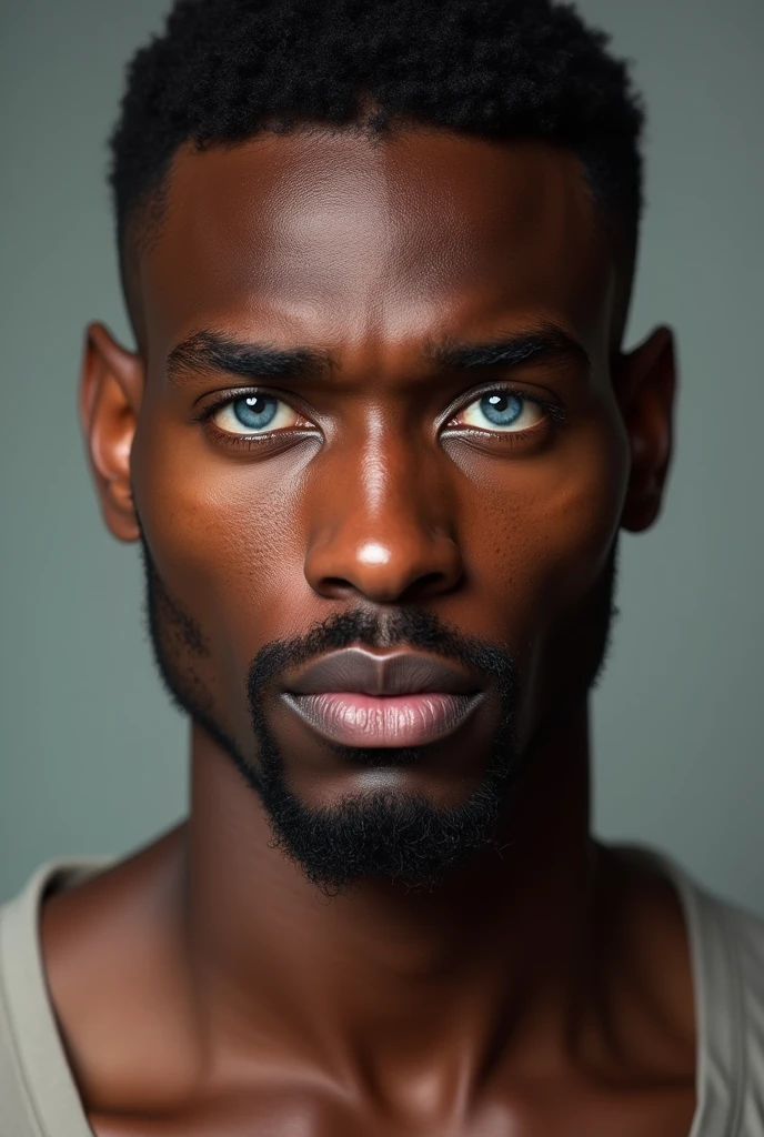 African man with skin color like Ronaldinho, approximately 1, blue colored eyes 