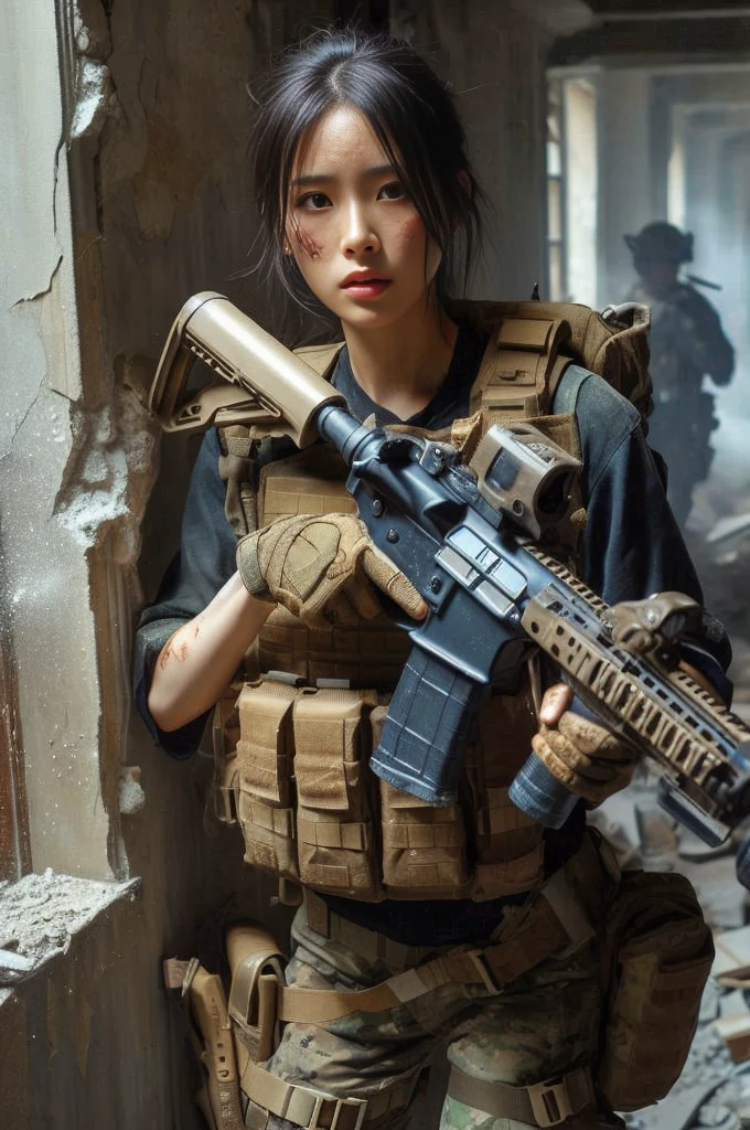 8K, realistic photo, realistic skin texture, Beautiful Japanese women in the US military、Outside the building、explosion、Close call、Walls bursting with debris、They are shouting to evacuate immediately.、Automatic rifle、Bulletproof vest、Back Back、boots、Covered in scars、Grim expression、Dynamic pose、Innovative composition、Dust is flying、傷だらけ