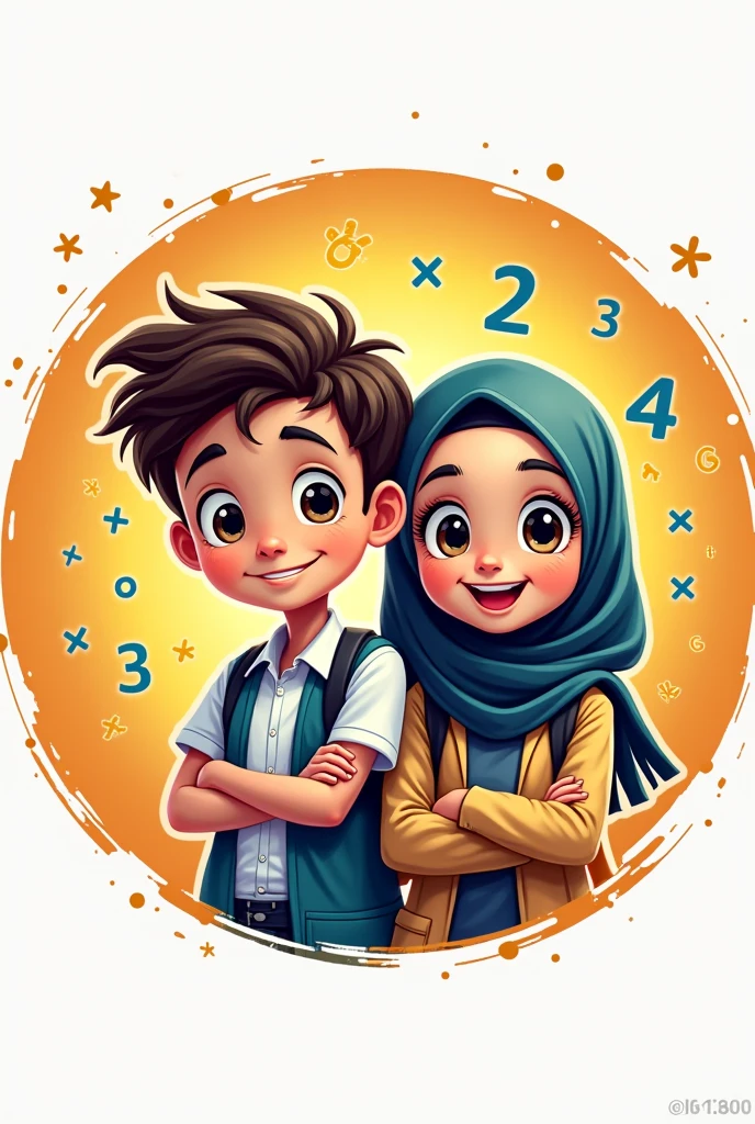 Logo in circle for boy and muslim girl in primary school expert in multiplication table which called doctor multiplication With stricking background
