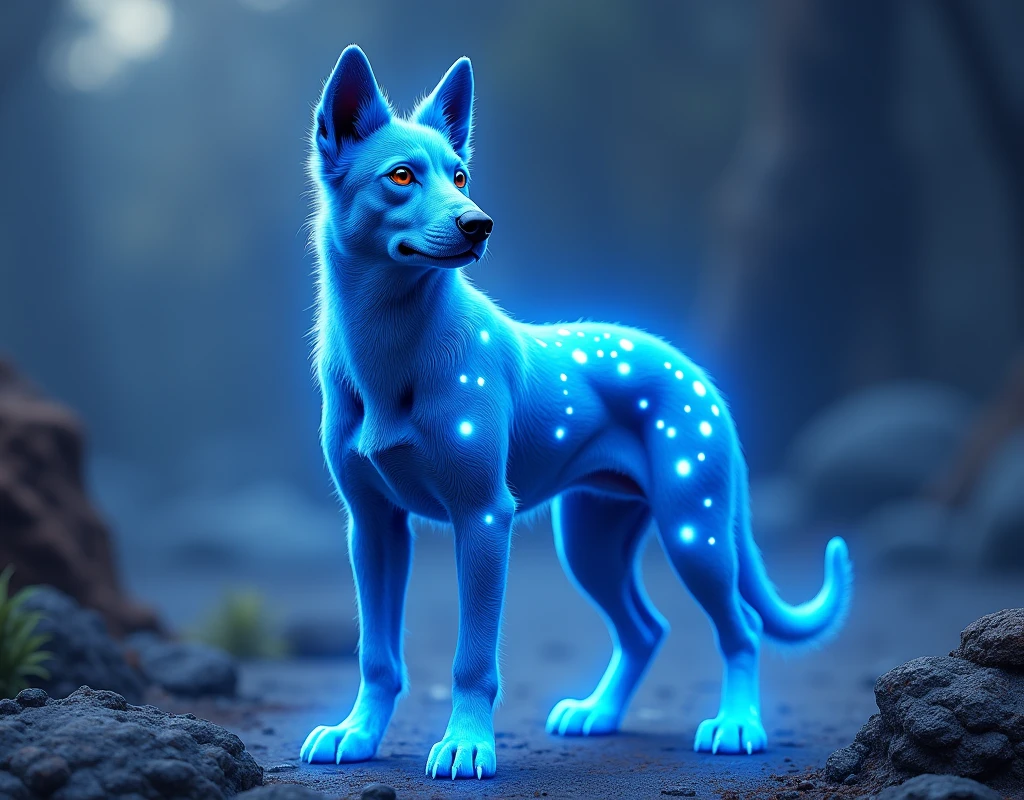 blue dog with fluorescent spots