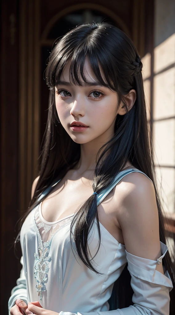 (masterpiece), realistic, (portrait of a girl), beautiful face, sunlight, cinematic light, bangs, a beautiful woman, beautiful eyes, black hair, perfect anatomy, very cute, princess eyes , (black eyes) , (frame the head), Centered image, stylized, bioluminescence, 8 life size,8k Resolution, white low-cut dress with small blue details, human hands, wonder full, elegant, approaching perfection, dynamic, highly detailed, character sheet, concept art, smooth, facing directly at the viewer positioned so that their body is symmetrical and balanced, stunningly beautiful teenage girl, detailed hairstyle,