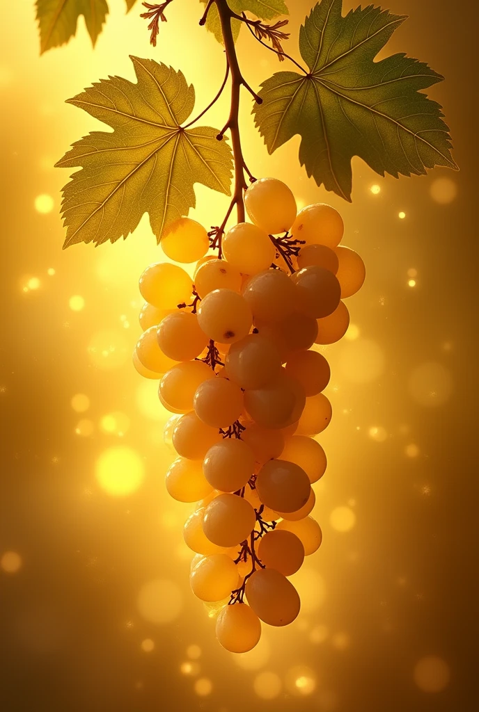 upside down grapes, fancy, detailed, award-winning photo, UHD, 8k, realist, a bunch of grapes, mystic, divine, stem down. golden background, golden background light, light makes the grapes transparent, It branches into green laurel leaves, small leaves, estate, wheat leaves, golden aura, celestial, golden steam, floating, grapes own light, bay leaves. golden steam oro.
