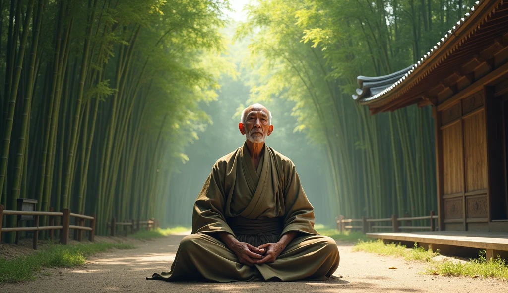 An elderly Zen master, Koji, sits peacefully in front of his temple, which is surrounded by towering bamboo trees. Koji is dressed in simple, traditional robes and has a calm, wise expression on his face. The sunlight filters through the bamboo leaves, casting dappled light on the ground and the temple's wooden structure. The setting exudes a sense of tranquility and deep wisdom."