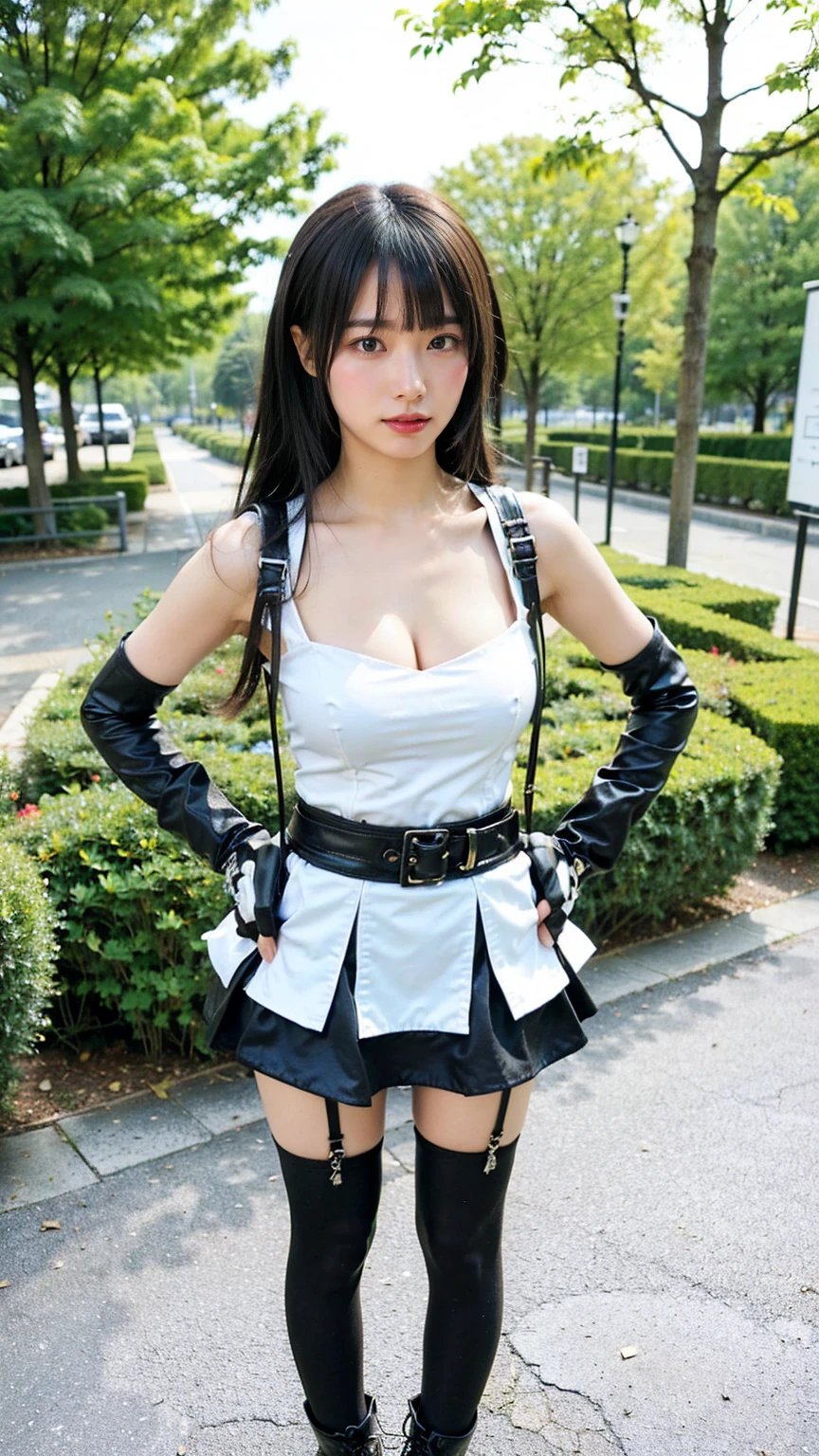 (8k、RAW Photos、Highest quality、masterpiece:1.2)、(Realistic、Realistic)、1 person、((black and white、Cleavage、tights、Gloves、Garter Ring、mini skirt、Thin legs、whole body、boots、View from the front、Looking into the camera、garden、Stand with hands on hips))、cute
