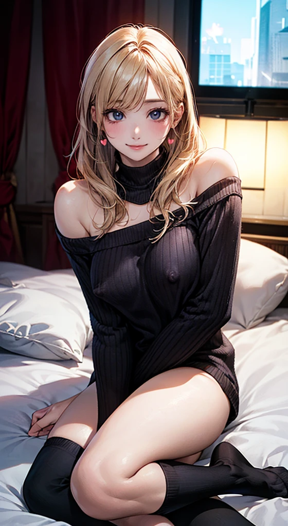 (masterpiece:1.2, Highest quality), (Realistic, photoRealistic:1.4), Beautiful illustrations, (Natural Side Lighting, Cinema Lighting),
View your viewers, whole body, 1 person, Japanese, high school girl, Perfect Face, Cute and symmetrical face, Glowing Skin, Baby Face,
(Mid-length hair, One-sided tail:1.2, Light blonde hair), Braided bangs, Asymmetrical bangs, Heart Eyes, (Middle chest, Captivating thighs, Big Ass), Beautiful Hair, Beautiful Face, Beautiful attention to detail, Beautiful clavicle, Beautiful body, Beautiful breasts, Beautiful thighs, Beautiful feet, Beautiful fingers,
((abdomen, Long sleeve, Off-the-shoulder sweater, bottomless, Black knee socks)), White panties, See-through panties
(Beautiful views), evening, Modern Room, Sitting bed, Spread your legs, (Cute smile, Upward glance),Erect nipples、Eyes are hearts、Fatty face、Ahegao、Begging for insertion