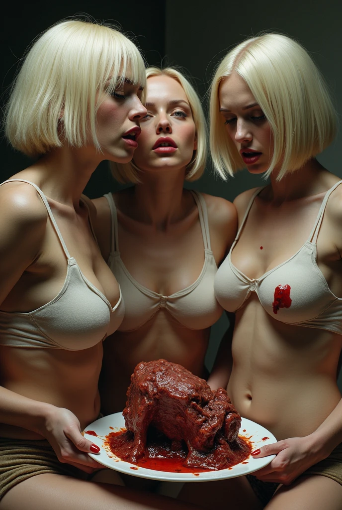 "(The best lighting, alto contraste, oscuro, dramatic),(Chica rubia junto a una cabra negra gigante, Open the rib cage, autopsia, caldero con huesos humanos, sangre por las paredes). Luz Caravaggio"