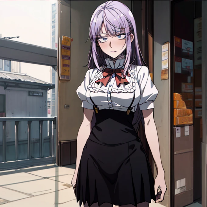 (highest quality, 4K, 8K High Resolution, masterpiece:1.2), Very detailed, one person, woman, (Perple Hair, Long Hair, Blue eyes), Standing pose, Sexy vibe, Attractive breasts, Magic Hour, (school Uniform), Emphasis on individuality and uniqueness, Fine and beautiful eyes, Beautiful lip detail, Long eyelashes, Bright colors, Photo Spot, In front of a white wall, Cowboy Shot, Soft and warm color palette,Emphasized breasts,Embarrassed expression,A long-established sweet shop、Scenery of sweets lined up、Chew candy