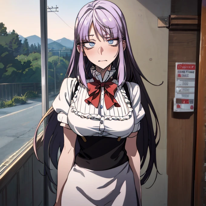 (highest quality, 4K, 8K High Resolution, masterpiece:1.2), Very detailed, one person, woman, (Perple Hair, Long Hair, Blue eyes), Standing pose, Sexy vibe, Attractive breasts, Magic Hour, (school Uniform), Emphasis on individuality and uniqueness, Fine and beautiful eyes, Beautiful lip detail, Long eyelashes, Bright colors, Photo Spot, In front of a white wall, Cowboy Shot, Soft and warm color palette,Emphasized breasts,Embarrassed expression,A long-established sweet shop、Scenery of sweets lined up、Chew candy
