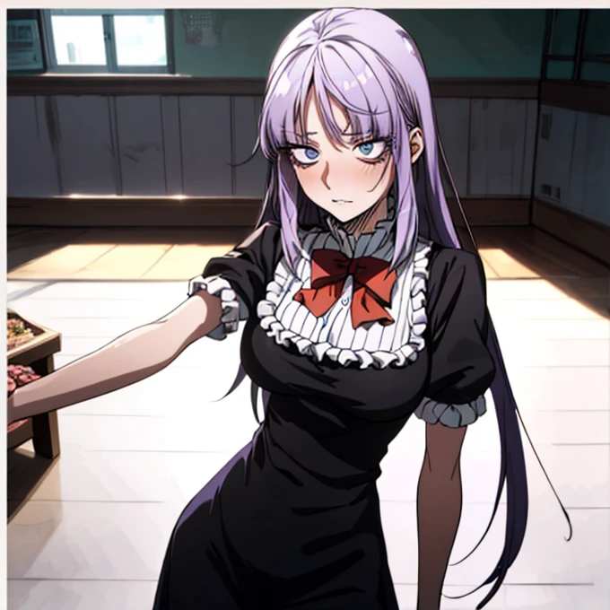 (highest quality, 4K, 8K High Resolution, masterpiece:1.2), Very detailed, one person, woman, (Perple Hair, Long Hair, Blue eyes), Standing pose, Sexy vibe, Attractive breasts, Magic Hour, (school Uniform), Emphasis on individuality and uniqueness, Fine and beautiful eyes, Beautiful lip detail, Long eyelashes, Bright colors, Photo Spot, In front of a white wall, Cowboy Shot, Soft and warm color palette,Emphasized breasts,Embarrassed expression,A long-established sweet shop、Scenery of sweets lined up、Chew candy