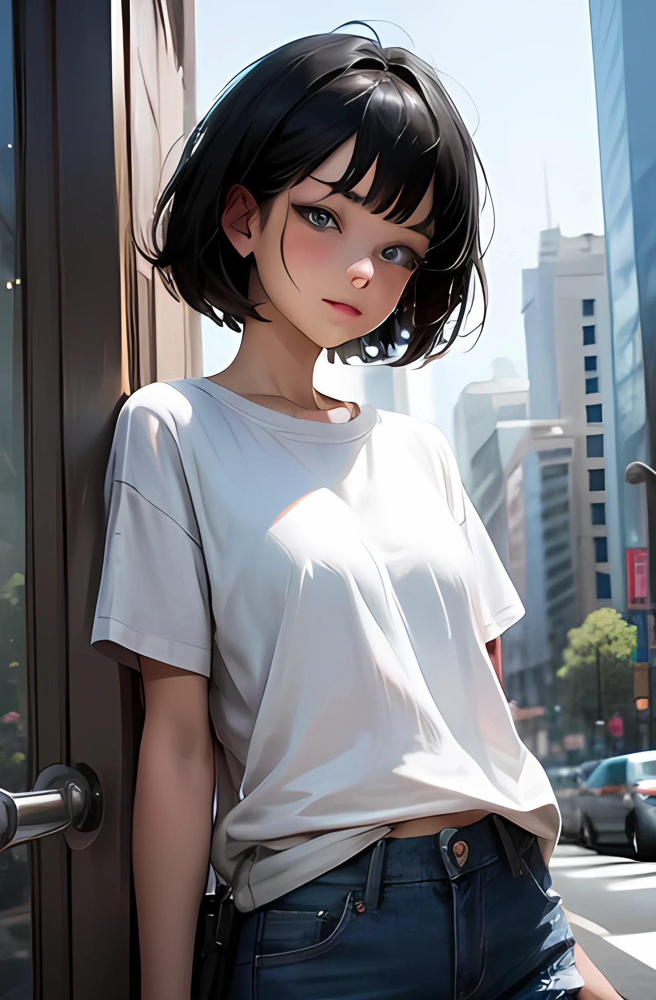 1 girl,short black hair,blue eyes,wearing plain white shirt,denim shorts,city,absurdres,high res,ultrasharp,masterpiece,looking at viewer,8K
