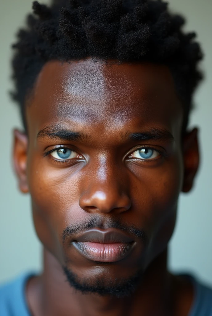 African man with skin color like Ronaldinho, approximately 1, blue colored eyes 