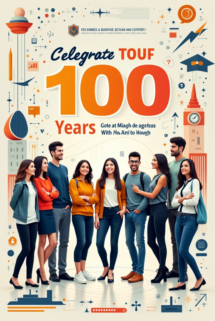 Generate a cover for a school book that has three modalities which are design, business management and technology which celebrates 100 years