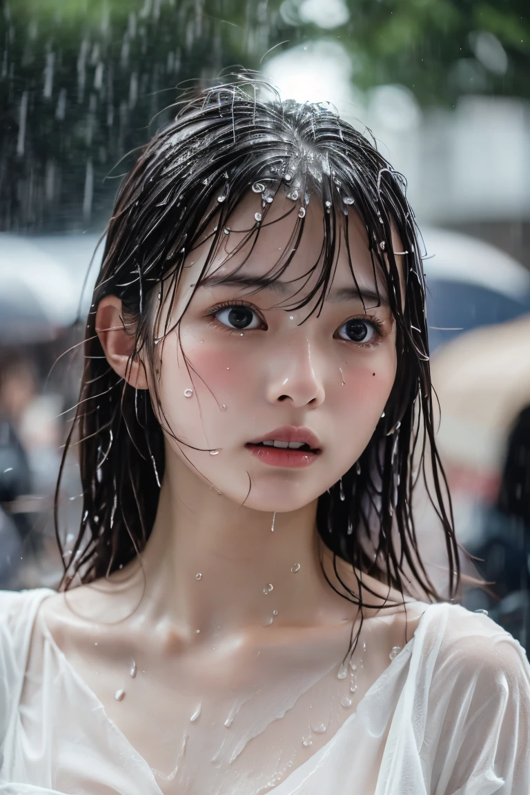 Best image quality, masterpiece, Ultra-high resolution, (Loyalty :1.4), Pretty Japanese woman, 1 person, Detailed face, Detailed eyes, Correct human anatomy, ,tears, tears drop, (White shirt), (Wet clothes stick to the body:1.4), Exposing shoulders, (Wet Hair), Heavy Rain falling, Shibuya Crossing, nipple slip
