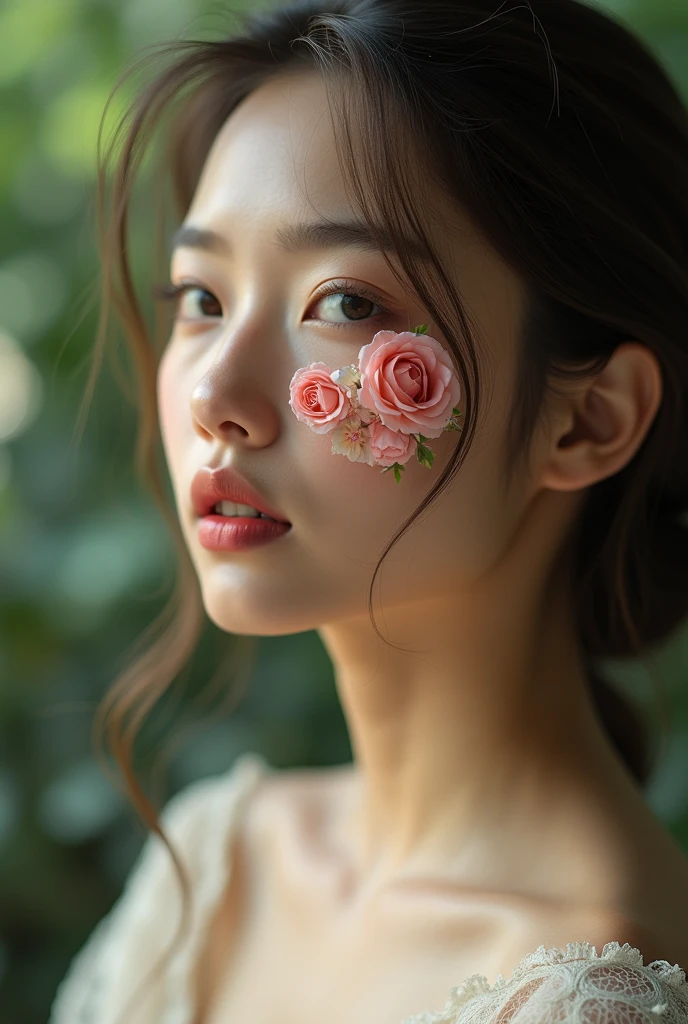 Real female model creative and aesthetic shoot with applied rose face mask on half face