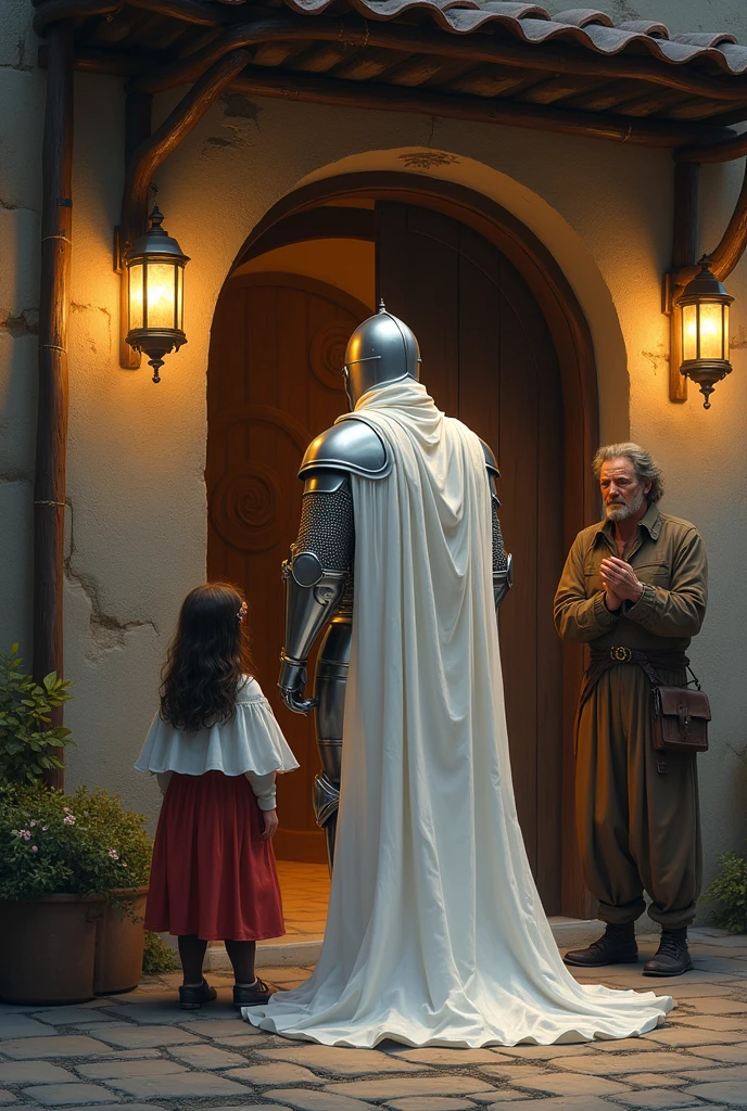The white knight leaving the innpeeker and his daughters house with the innpeeker and daughter present in the image