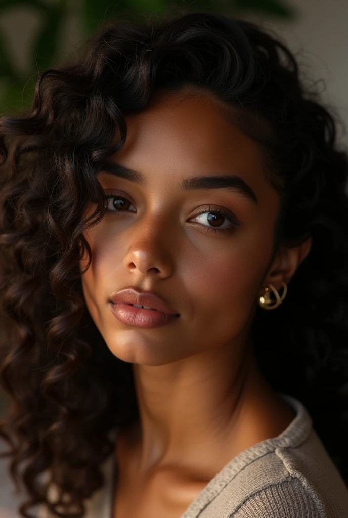 Young 20-year-old Dominican mixed woman, high cheekbones, cute gaze, curly hair, long eyelashes, almond-shaped eyes, shiny appearance, sitting on a chair in her room, studio lighting.