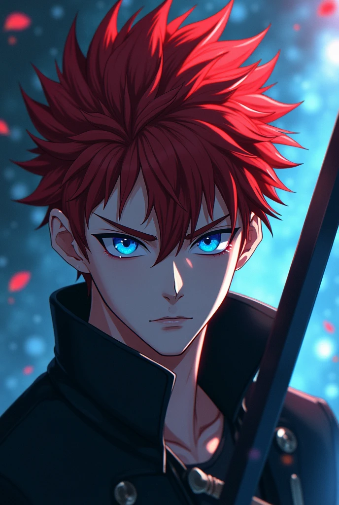 a beautiful redheaded man with piercing blue eyes devoid of emotion, sharp spiky hair, wearing a white collared shirt, expressionless face, holding a black sword, anime style, (best quality,4k,8k,highres,masterpiece:1.2),ultra-detailed,(realistic,photorealistic,photo-realistic:1.37),dramatic lighting,vivid colors,fantasy,mystical,ethereal,elegant