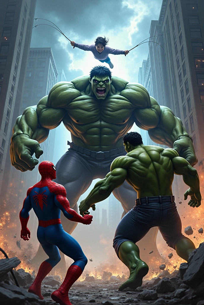 (Final Confrontation
"Illustrate the climactic moment of the battle where Spider-Man, Hulk, and the young hero are united in their final assault on Darkstrike. Spider-Man is seen mid-swing, about to deliver a web-enhanced kick, while Hulk charges in with both fists raised. The young hero hovers above, using telekinesis to pin Darkstrike in place. Darkstrike, though battered, still exudes power, his dark armor glowing ominously as he prepares for one last counterattack. The backdrop is filled with the wreckage of New York City, with storm clouds swirling overhead."