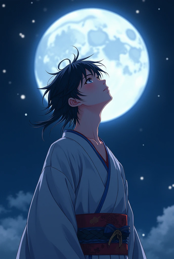 a beautiful anime boy gazing up at the full moon at night, detailed intricate facial features, mesmerizing eyes, long flowing hair, wearing a traditional japanese kimono, moonlight shimmering on his skin, cinematic lighting, vibrant colors, dramatic composition, (best quality,8k,ultra-detailed,photorealistic:1.37), digital art