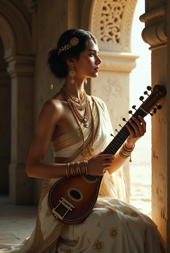 (photorealism:1.2), beautiful and fair woman holding a guitar like instrument called Bina and wearing white sari and an lot of jwellery sitting by the window looking very ancient