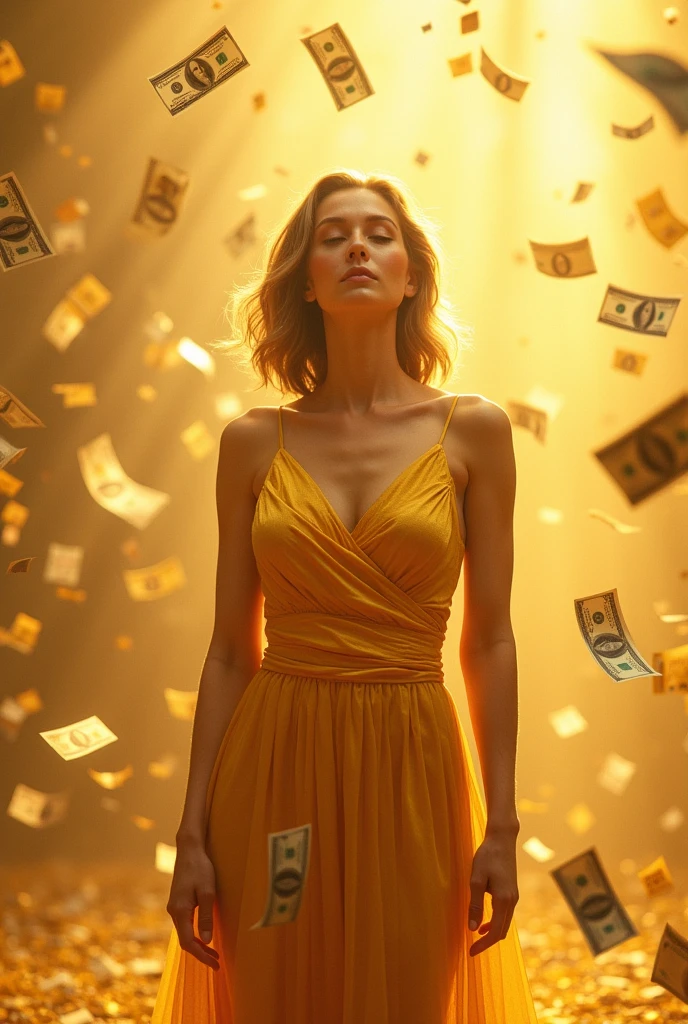 Generate an image of a middle-aged woman , medium height, light brown eyes, size M, Light brown hair, dressed in gold, and may many dollar bills rain down from the sky, euros, pounds sterling, with a golden sky.