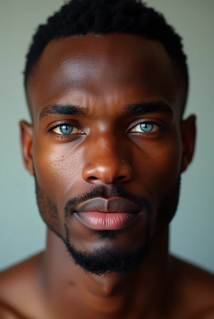 African man with skin color like Ronaldinho, approximately 1, blue colored eyes 